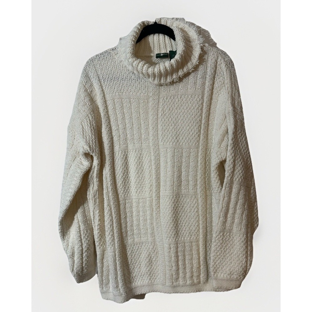 Vintage 90s Hunt Club Ivory White 100% Cotton Size L Cowl Turtle Neck Sweater